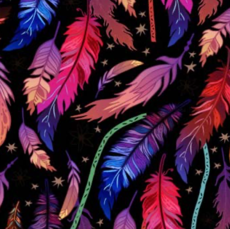 PUL-Stoffmuster schwarz mit bunten Federn