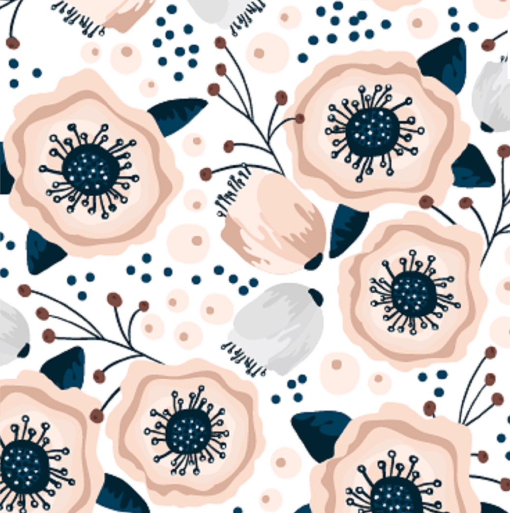 PUL-Stoffmuster weiß mit rosa-dunkelblau-grauem Mohnblumen