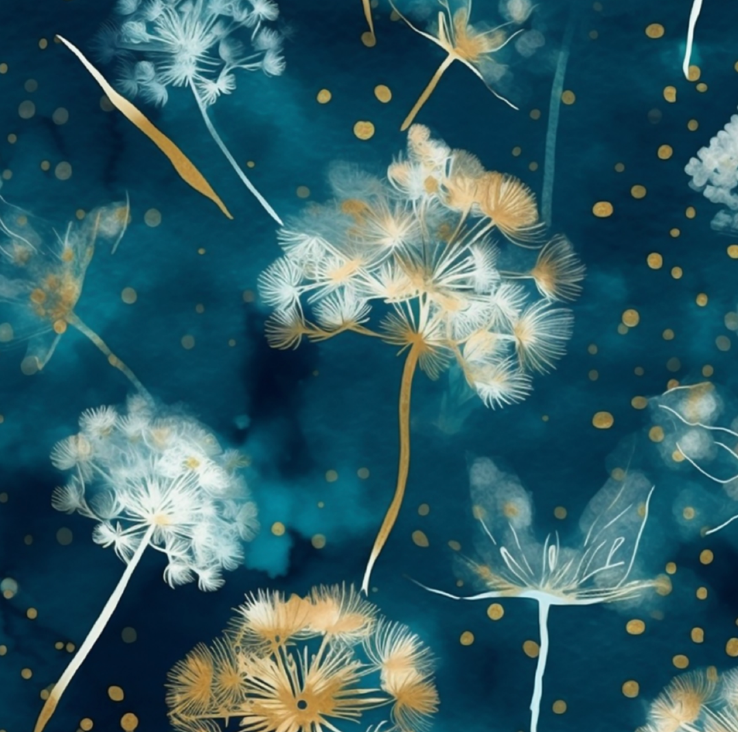 PUL-Stoffmuster dunkelblau mit gold-weiß-farbenen Pusteblumen